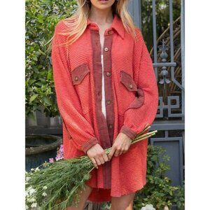 NWOT POL Pink and Maroon Oversized Waffle Knit Button UP Shirt Size Small